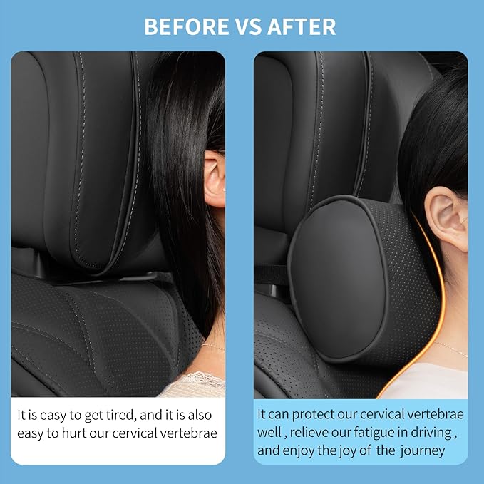 Car Headrest Pillow for Driving - Luxury Leather 100% Memory Foam, Ergonomic Neck Support - Universal Fit Head Rest Travel Pillow for Most Cars, Home & Office, Black, 2 Pack