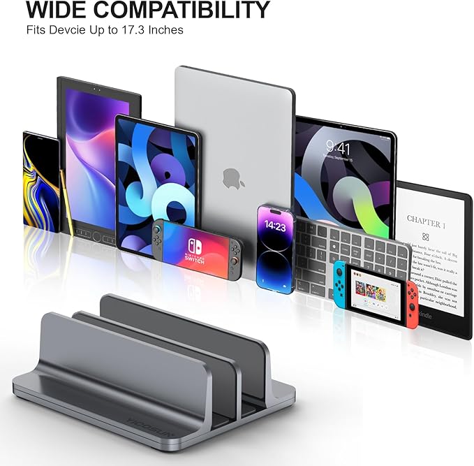 Dual-Slot Aluminum Vertical Laptop Stand for Desk - Adjustable Width Dock for MacBook, Surface, Samsung, HP, Dell up to 17.3 inches - Space-Saving & Protective Design - Gray