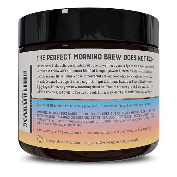 Beyond Brew Mushroom Superfood Coffee | Mushroom Coffee Alternative Low Caffeine | Healthy Coffee Substitute | W/Prebiotics & Probiotics | By Live Conscious | 30 Servings Net Wt. 7 oz (2-Pack)