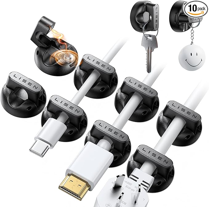 10-Pack Cord Holder [1S Lock] LISEN Magnetic Cord Holder for Nightstand, Under Desk Cable Management with 5 Extra Strong Adhesive Pads, Wire Holders for iPhone 17 Cords, Dorm, Home, Wall, Car, Desktop