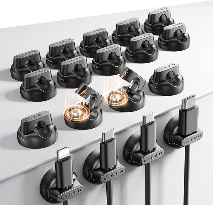 18-Pack Magnetic Cable Clips [1S Snap-On] Cord Holder, LISEN Office Desk Organizers and Accessories with 9 Extra Strong Adhesive Pads, Wire Organizer for Nightstand, Home, Wall, Car, Desktop