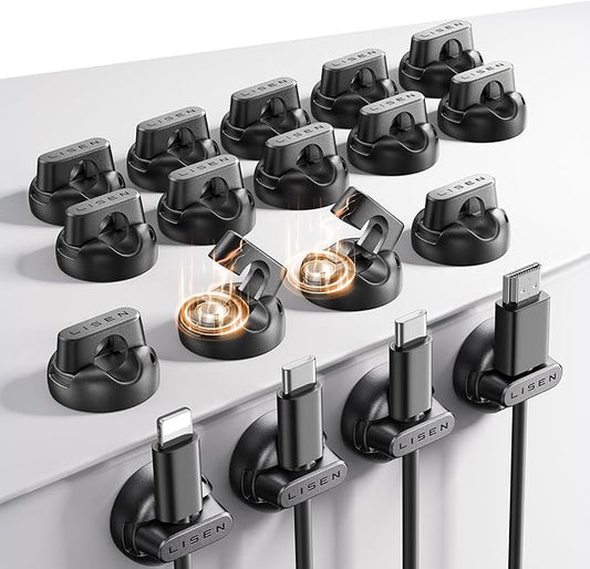 18-Pack Magnetic Cable Clips [1S Snap-On] Cord Holder, LISEN Office Desk Organizers and Accessories with 9 Extra Strong Adhesive Pads, Wire Organizer for Nightstand, Home, Wall, Car, Desktop
