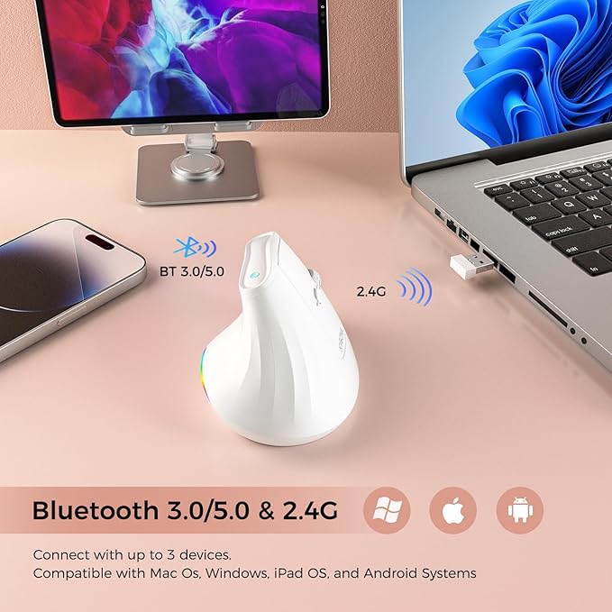 57° Wireless Ergonomic Mouse, Vertical Mouse, Carpal Tunnel Mouse, RGB Light, Rechargeable, Bluetooth & 2.4G, 5-level DPI Adjustment, Quiet Click Ergo Mice Compatible with PC, Laptop, Mac, White
