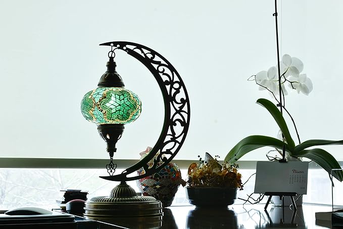 mozaist Turkish Stained Glass Luna Shape Table Lamp, Moroccan Crescent Tiffany Style Handmade Desk Light, Rustic Moon Living Room, Mosaic Lampshade Office Decorative Dim Lighting (Emerald Green)