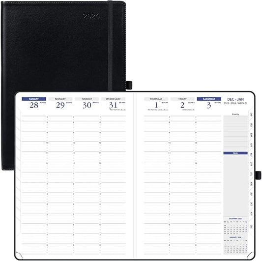 POPRUN 2026 Weekly Planner (A4 Size-8.25'' x 11.75''), 15-Minute Appointment Book (Jan 2026-Dec 2026) with Monthly Tabs, Inner Pockets, Pen Holder, PU Leather Softcover, 100GSM - Black