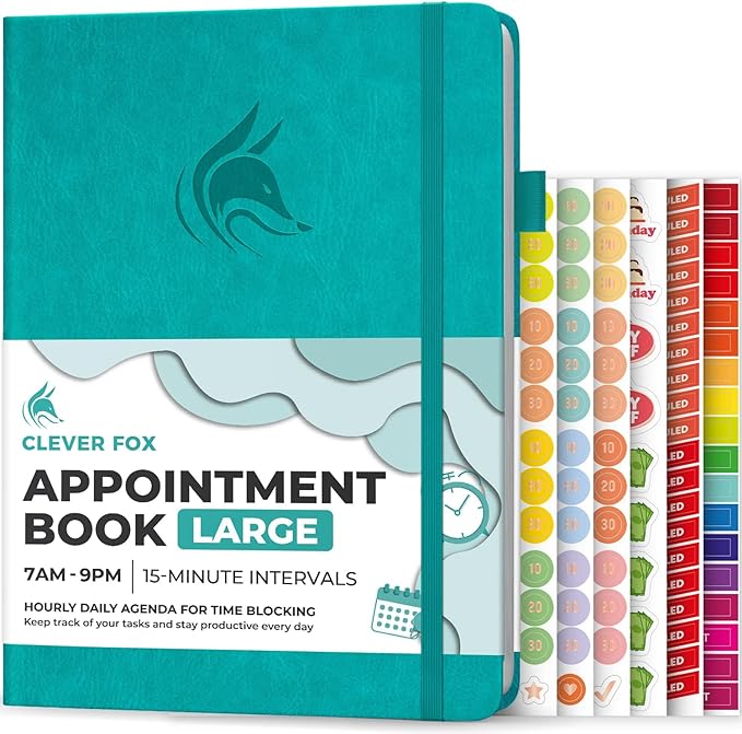 Clever Fox Appointment Book – Hourly Schedule Planner with 15-Minute Increments – Time Box Planner for Daily Work & To-Dos – Weekly & Monthly Spreads, Undated, Hardcover, 8.3x11″ (Turquoise)