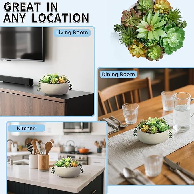 8 Inch Round Artificial Succulent Plants Potted Indoor with Ceramic Pot - Fake Low Maintenance Plants for Bedroom, Bathroom, Coffee Table Decor - Home Office Desk & Room Aesthetics