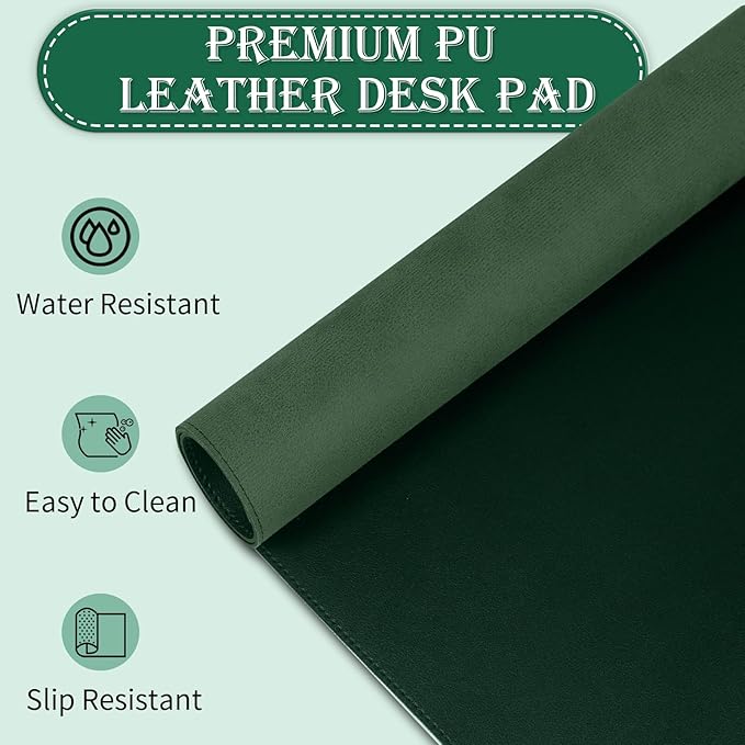 Large Desk Mat 35.4" x 17", PU Leather Desk Pad Protector, Non-Slip Large Mouse Pad for Desk, Waterproof Computer Desk Mat, Office Desk Pad for Keyboard Mouse, Desk Writing Mat (Dark Green)