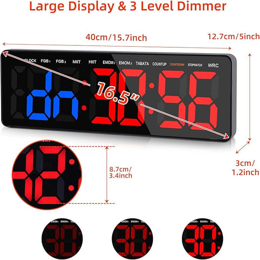 Gym Timer, 16.5" Large Digital Wall Clock for Gym Interval Workout, Remote Control LED Digital Timer for Home Decor, Living Room, Office, Gym, Classroom