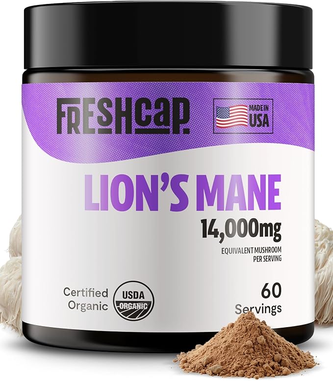 FreshCap Mushrooms Lions Mane Supplement Powder 14,000mg - Lions Mane Extract, Mushroom Supplement for Focus & Memory, Organic Lions Mane Powder (60 Servings)