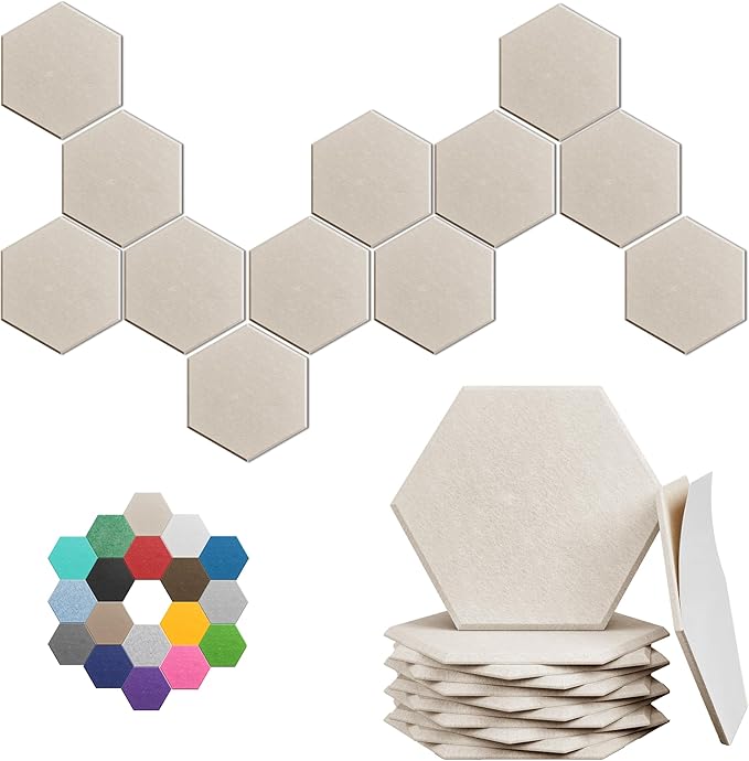Hexagonal Acoustic Panels-12 Pack High-Density Sound Absorbing Panels 12"X10"X0.4" for Enhanced Noise Reduction, DIY Design, Idea for Studios, Offices, and Home Theaters(Light Camel)