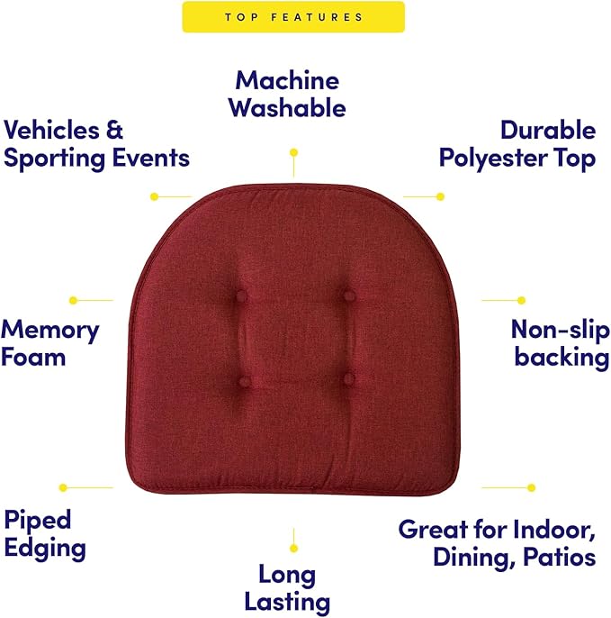 Sweet Home Collection Chair Cushion Memory Foam Pads Tufted Slip Non Skid Rubber Back U-Shaped 17" x 16" Seat Cover, 2 Count (Pack of 1), Wine Burgundy