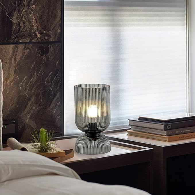 Modern RGB Glass Table Lamp with Remote，Color Changing Bedside Lamp with Ribbed Glass Shade, 16 Colors, On/Off Cord Switch, Nightstand Lamp for Bedroom, Living Room, Office, Bulb Included