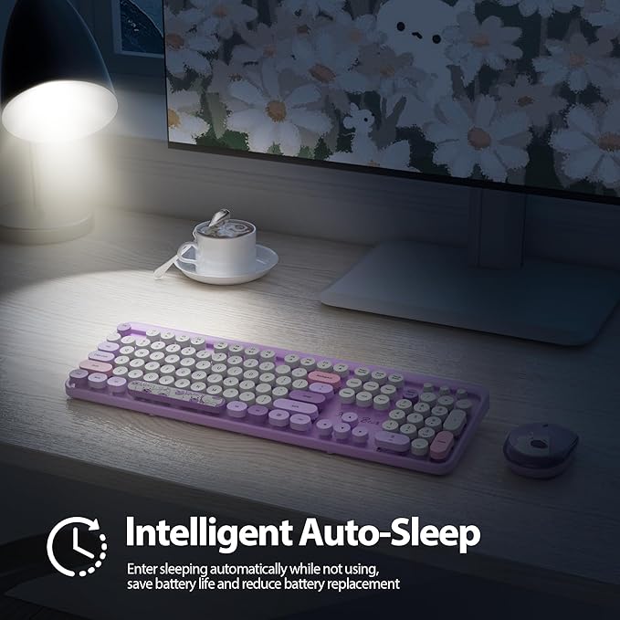Fogruaden Wireless Keyboard and Mouse Combo 2.4GHz Retro Typewriter Keyboard, 104 Keys Full Size Round Keycap Cute Keyboard and Mouse with Number Pad, Purple Colorful Keyboard for Windows PC Laptop