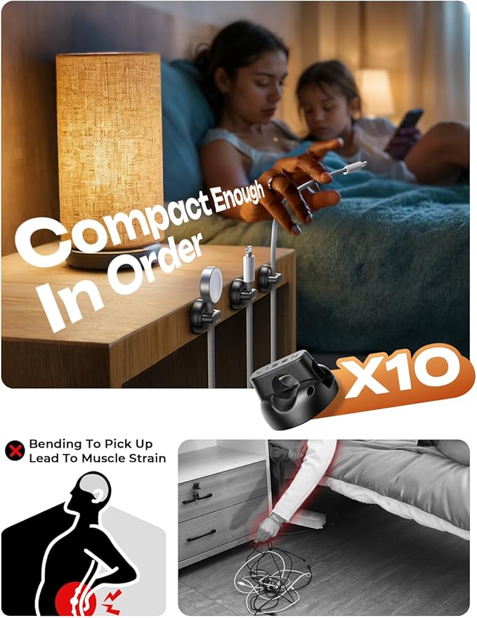 10-Pack Cord Holder [1S Lock] LISEN Magnetic Cord Holder for Nightstand, Under Desk Cable Management with 5 Extra Strong Adhesive Pads, Wire Holders for iPhone 17 Cords, Dorm, Home, Wall, Car, Desktop