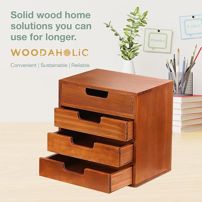 4 Drawer Desktop Storage Organizer in Modern Wood Design (9.8”x6.9”x 9.8”) 4-Drawer Stackable Drawer Unit - Vanity Accessories Organizer (1-Pack)