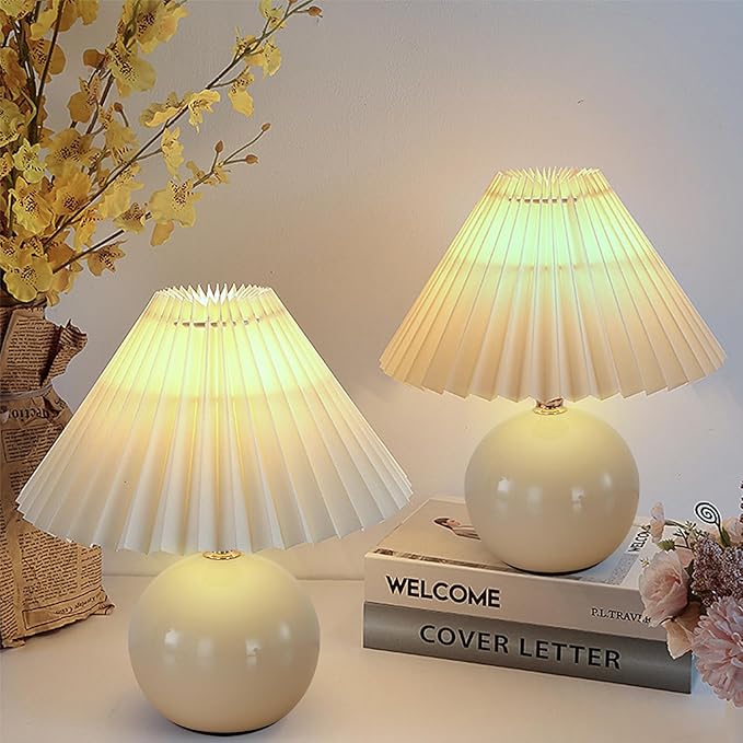Bedside Table Lamp for Bedroom, Cute Small Pleated Lamps for Nightstand, Modern Circular Ceramic Night stand Lamps, Night Light, Decor Desk Lamp for Living Room Kids Room Dorm Office With E26 LED Bulb