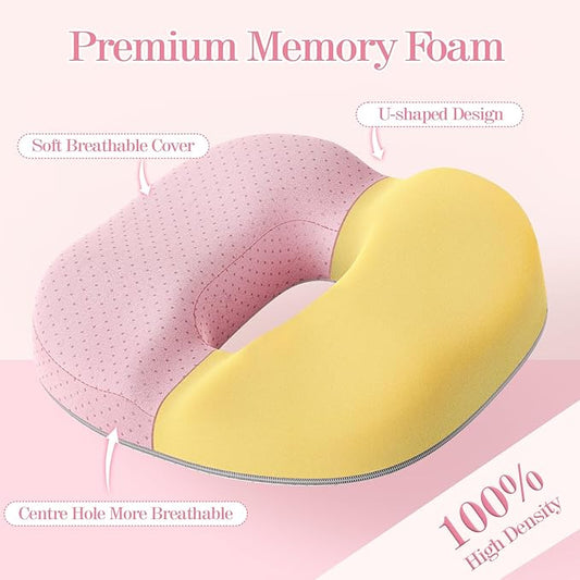 Benazcap Donut Pillow Seat Cushion - Ergonomic Memory Foam for Tailbone & Sciatica Pain Relief, Ideal for Hemorrhoids, Pregnancy, and Postpartum Comfort - Pink