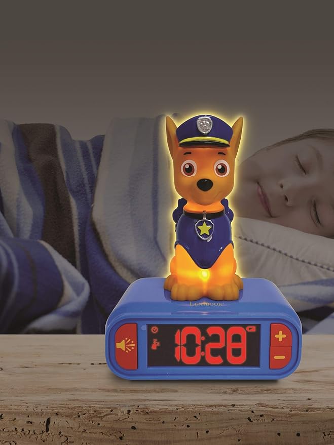 LEXiBOOK - Paw Patrol Chase Digital Alarm Clock with Night Light - Snooze Function - Dog Sound Effects - for Children/Kids - Luminous Clock with Chase, Blue/Red - RL800PA