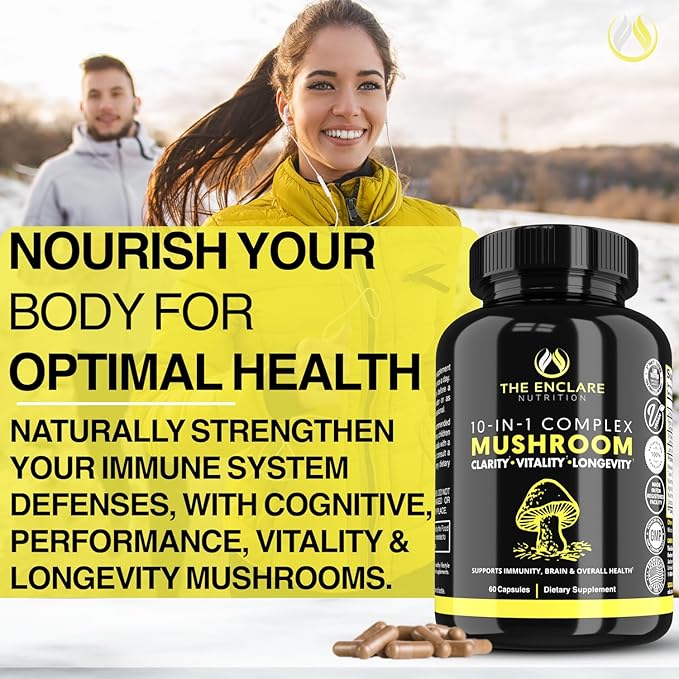 THE ENCLARE NUTRITION Mushroom Supplement for Immune Support, Energy, Nootropic Brain, Immunity Booster with Lions Mane, Reishi, Turkey Tail, Cordyceps, Chaga, Maitake, Shiitake, Agaricus (6)