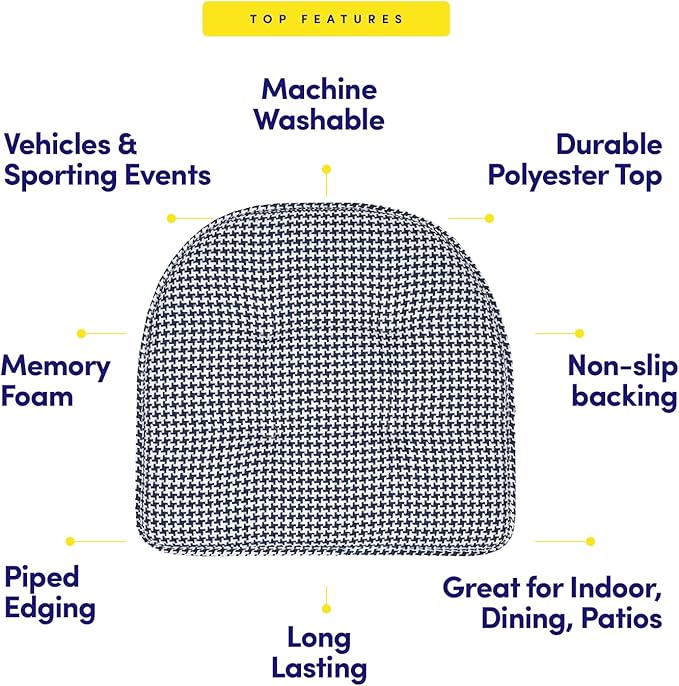 Sweet Home Collection Chair Cushion Memory Foam Pads Tufted Slip Non Skid Rubber Back U-Shaped 17" x 16" Seat Cover, 6 Pack, Houndsooth Navy