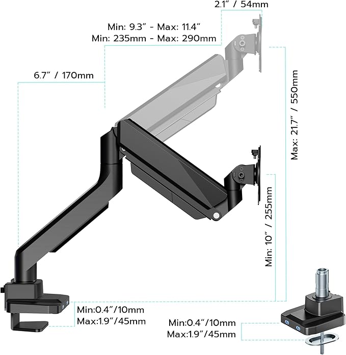 ARES WING Single Monitor Arm, Heavy Duty Adjustable Monitor Arm for 13"-49" Screens with USB, Gas Spring Desk Mount Stand with C Clamp/Grommet Mounting Base up to 40lbs Computer, Black