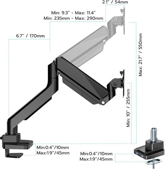ARES WING Single Monitor Arm, Heavy Duty Adjustable Monitor Arm for 13"-49" Screens with USB, Gas Spring Desk Mount Stand with C Clamp/Grommet Mounting Base up to 40lbs Computer, Black