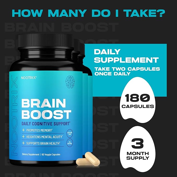 Brain Boost Nootropic Supplement | Supports Memory, Mental Focus, Cognitive Health & Energy | Promotes Healthy Mood & Brain Function | Ginkgo Biloba & DMAE | 180 Capsules