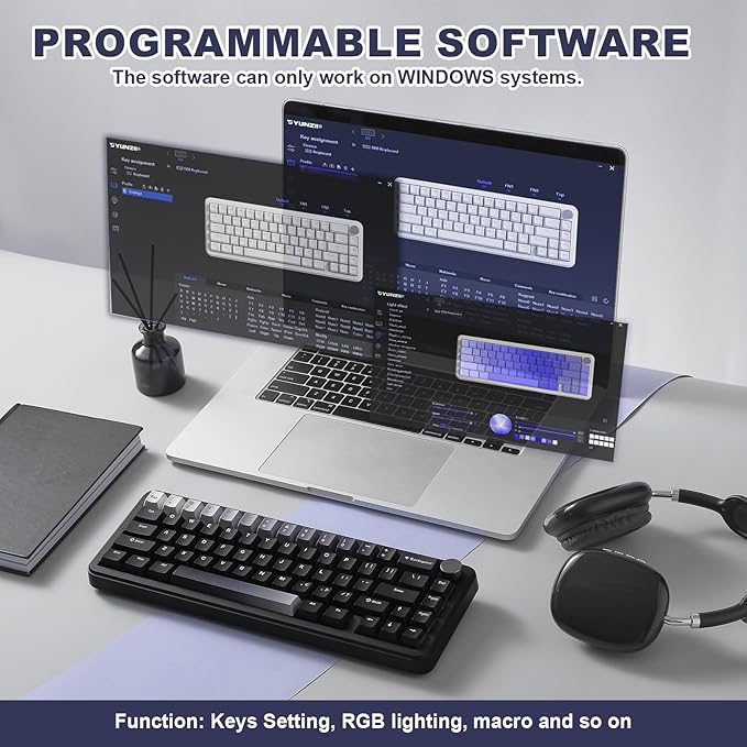 YUNZII B68 Wireless Mechanical Keyboard,Tri-Mode BT5.0/2.4GHz/USB-C,Cute PBT Keycaps,Hot Swappable Creamy Typing Gasket Mounted,RGB Backlit NKRO for Win/Mac (Black, Cocoa Cream V2 Switch)