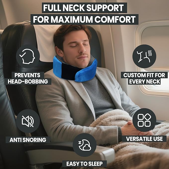 Travel Pillow, 100% Pure Memory Foam Travel Neck Pillow Airplane Neck Support Ergonomic Design for Traveling Suitable for Airplanes,Offices and Cars-Blue