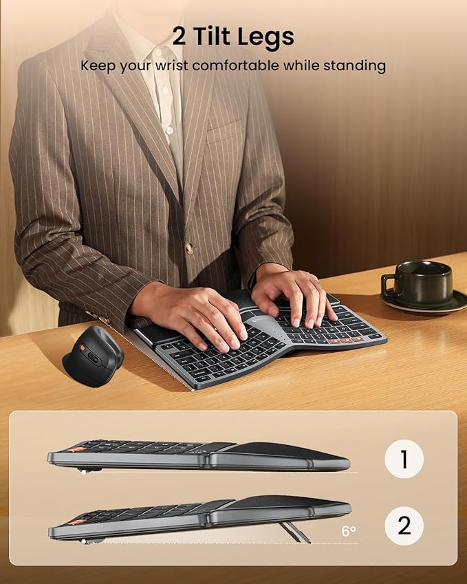 ProtoArc Bluetooth Ergonomic Keyboard, EK04 Mini Compact Wireless Ergo Split Keyboard, 80 Keys, Bluetooth and USB, Palm Rest, Natural Typing, Rechargeable, Compatible with Windows/Mac/Android