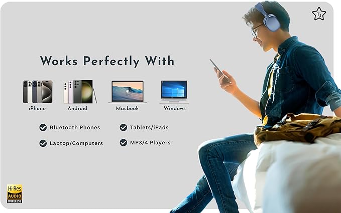 TJ Active Noise Cancelling Bluetooth Over Ear Headphones | Supersoft Leather Wireless Headset Wired Built-in MIC 24H Playtime High Res Audio Travel/Work/School/Students/Running/Gym (Blue)