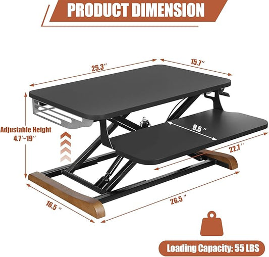 Height Adjustable Standing Desk Converter with Keyboard Tray, 26x16 Inch, Sit to Stand Desk Riser with Elegant Side Cover and Wooden Feet, Compact Monitor and Laptop Riser for Home & Office, Black