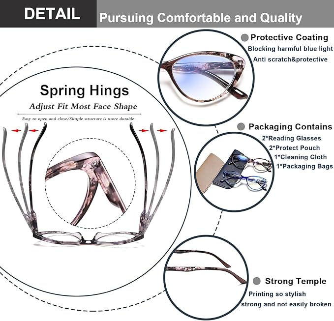 EYEURL Cat Eye Reading Glasses for Women 2 Pair Blue Light Blocking Readers 0.50 Comfort Spring Hinge Lightweight Eyeglasses Anti Glare for Ladies