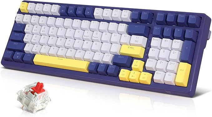 Qisan Wireless/Wired Mechanical Keyboard, Triple Mode 2.4G/USB-C/BT Wireless Gaming Keyboard, 100 Keys (98%) US Layout Red Switch Rechargeable Backlit Keyboards | Dark Blue & Yellow & White Combo