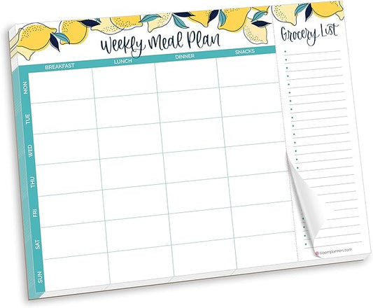 bloom daily planners Horizontal Weekly Magnetic Meal Planning Pad for Fridge with Tear-Off Grocery Shopping List - Hanging Food/Menu Organizer Notepad with Magnets - 8.5” x 11” - Lemons