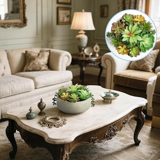 8 Inch Round Artificial Succulent Plants Potted Indoor with Ceramic Pot - Fake Low Maintenance Plants for Bedroom, Bathroom, Coffee Table Decor - Home Office Desk & Room Aesthetics