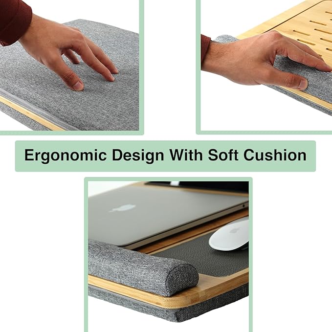 Bamboo Laptop Lap Desk with Cushion, Angle Adjustable Laptop Computer Stand Bed Desk, Portable Lap Desk w/Handles, Tablet & Phone Holder, Mouse Pad & Shields Heat (Grey)