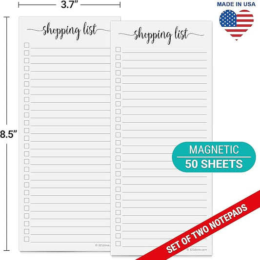 321Done Magnetic Shopping List Notepad 2-Pack - 3.7 x 8.5 (1/3 Sheet Slim Size) Made in USA - College Ruled - Minimalist Handheld Grocery List, Store, Market - Pad for Planning, Organizing, Meal Prep