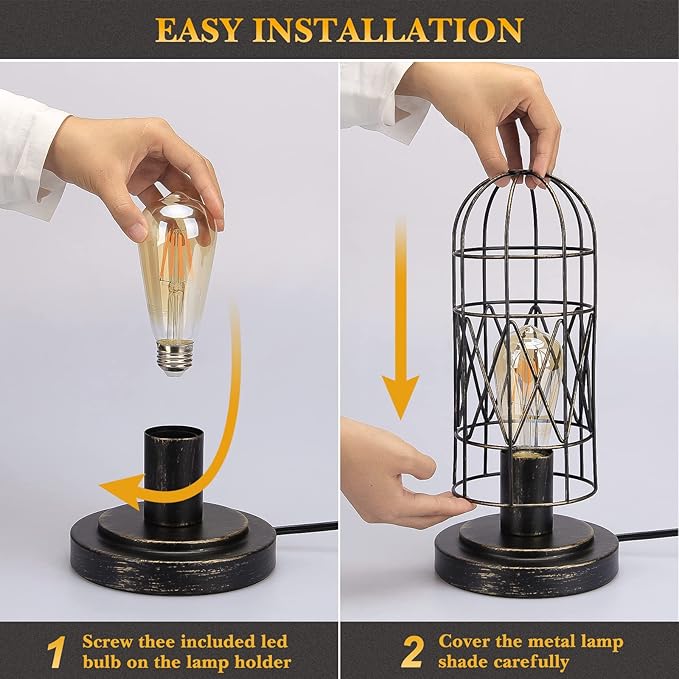 Industrial Table Lamp, Small Touch Lamp with Rustic Cage Vintage Bedside Lamp 3 Way Dimmable Nightstand Lamp Edison Desk Lamp for Bedroom, Living Room, Hallway, Entryway, Kitchen, 4W LED Bulb Included