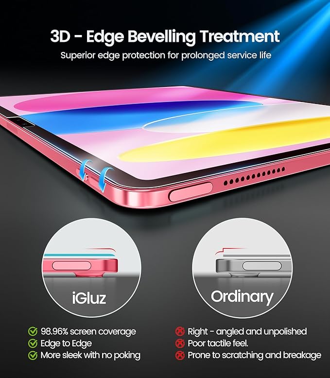 iGluz 2 Pack for iPad 11th/10th Gen.(A16 2025/2022,11/10.9 inch)9H+ Tempered Glass Screen Protector with Easy-Install Box[12FT Grade Shatterproof]Apple Pencil Compatible,HD Clarity,Scratch Resistant