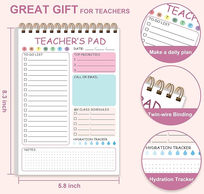 Teacher Notepad - Teacher To Do List Notepad, Spiral Checklist Notebook Organizer for Teachers Notes Task Appointment, Teacher Appreciation Gifts, 5.8'' x 8.3'', Pink