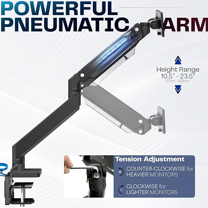 VIVO Premium Aluminum Heavy Duty Monitor Arm with 3.0 USB Ports, Fits Ultrawide Monitors up to 49 inches and 33 lbs, Single Desk Mount Stand, Pneumatic Height, Max VESA 100x100, Black, STAND-V101G1U