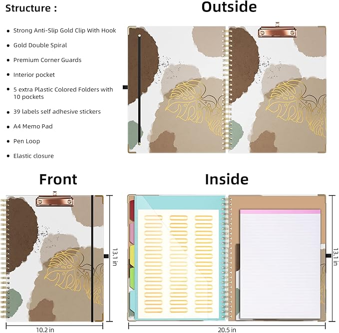 Ospelelf Clipboard with Storage 8.5 X 11，Padfolio Organizer, Spiral Portfolio Letter Size with Notepad, Pen Holder, 5 Extra Folder Divider Pages, Elastic Closure Nurse Essentials(Earthy Abstract)