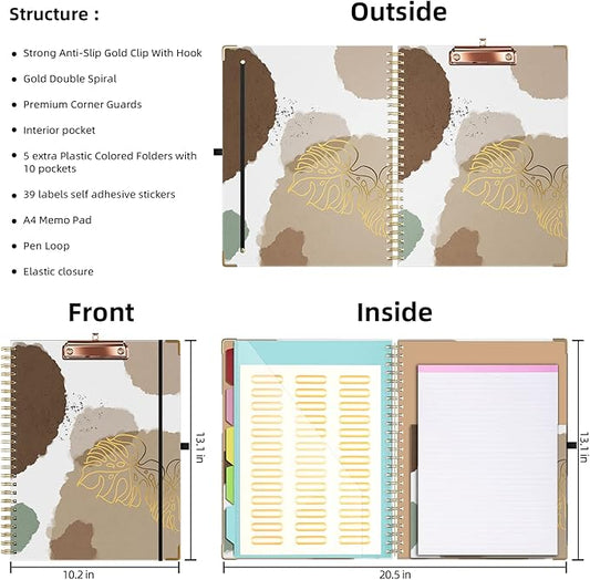 Ospelelf Clipboard with Storage 8.5 X 11，Padfolio Organizer, Spiral Portfolio Letter Size with Notepad, Pen Holder, 5 Extra Folder Divider Pages, Elastic Closure Nurse Essentials(Earthy Abstract)