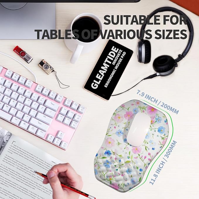 Ergonomic Raised Mouse Pad Wrist Support with Bilateral Slope Memory Foam Mousepad for Wrist Rest and Carpal Tunnel Pain Relief 11.8x7.9〃 Little Flower