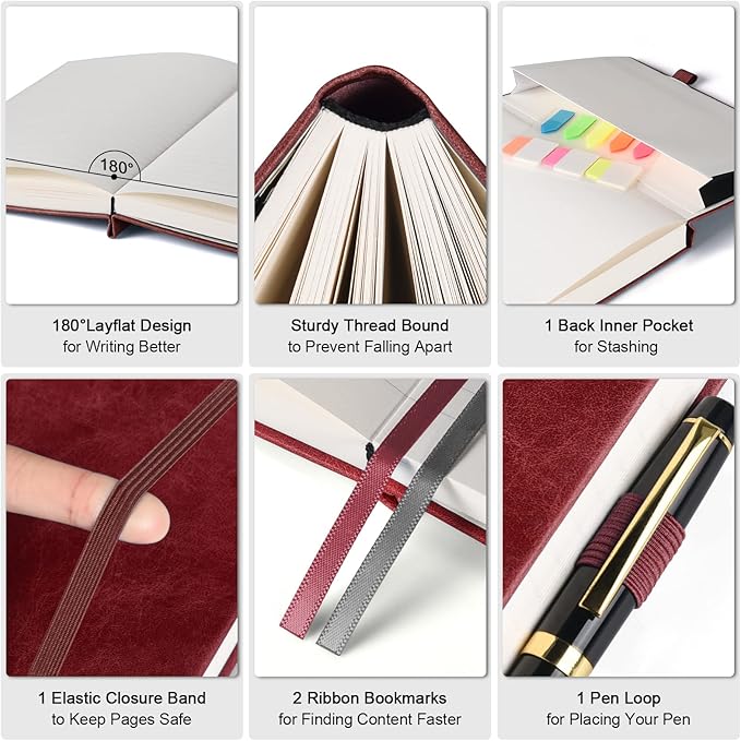 5 Pack College Ruled Notebook, 312 Numbered Pages Thick Notebooks Bulk, 100gsm No Bleed Paper Hardcover Leather Journal, Lined Journal Notebook Set for Women Men School Office, A5, Burgundy