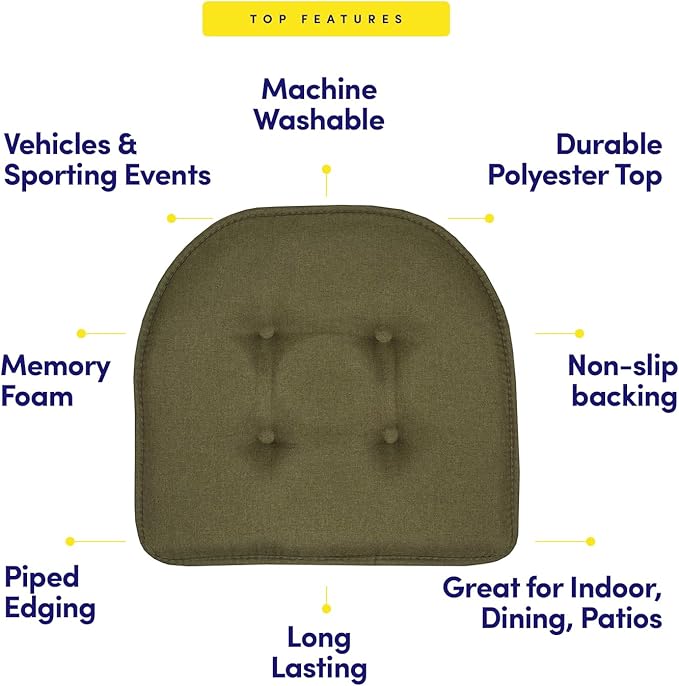 Sweet Home Collection Chair Cushion Memory Foam Pads Tufted Slip Non Skid Rubber Back U-Shaped 17" x 16" Seat Cover, 4 Count (Pack of 1), Army Green