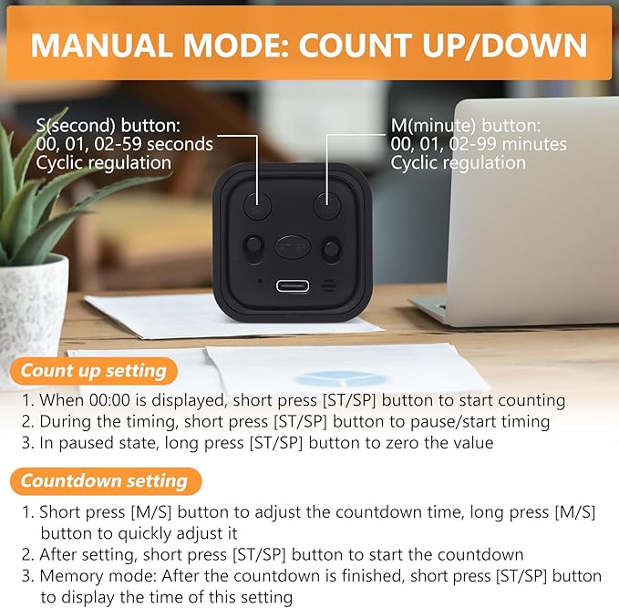 GuDoQi Multi-Function Cube Timer, 5/10/30/60 Min & Custom Count Down, Included Pause & Resume Feature, Silent, Vibrate & Adjustable Sound Alarm for Productivity in Tasks, Study & Kitchen, Black