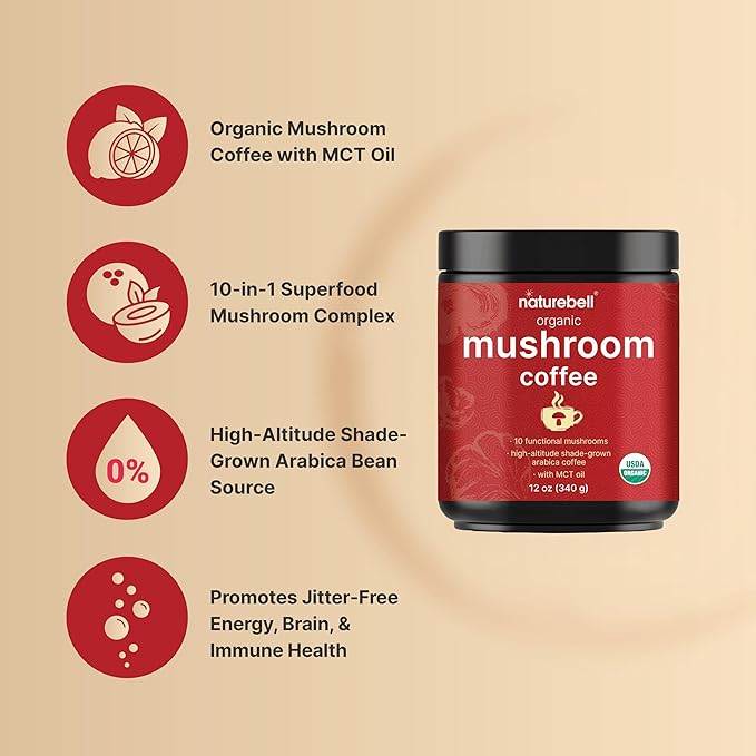 NatureBell Organic Mushroom Coffee with MCT Oil, 12oz (85 Servings) | 10-in-1 Adaptogenic Blend with Lion’s Mane, Reishi, Shiitake, Chaga & More | Supports Energy, Focus & Immune Health | Instant Mix